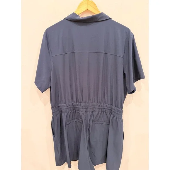 Athleta Short Sleeve Button Front Romper Blue Women's XL‎ Drawstring Waist EUC - Picture 3 of 5